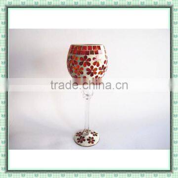 Red Flower Pattern Stained Handmade Tall Goblet Glass Mosaic Candle Holder