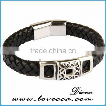 Silver Plated Stainless Steel Charms With Black Leather for Men Magnetic Bracelet