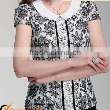 IWATOO Doll collar lace printed chiffon female T-shirt