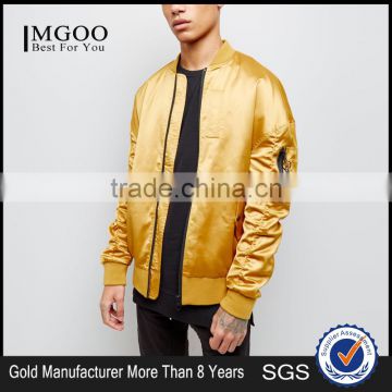 MGOO New Design Gold Oversized Bomber Jacket Drop Shoulder Customized Plain Satin Winter Jacket For Man