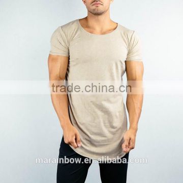 Hot Sale Scoop Neck Tee Shirt in Tan Short Sleeve Longline Curved Hem T Shirt OEM Gym Clothing Men