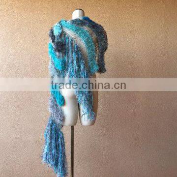 Teal Shawl Aqua Scarf Ocean Seafoam Turquoise Grey Black White Charcoal Hand Knit Striped Fringe Shawl Wrap Cape photo-4