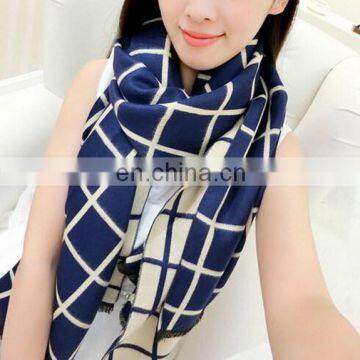 Double Sides Grid Ivory Blue Faux Wool Women Fashion Tartan