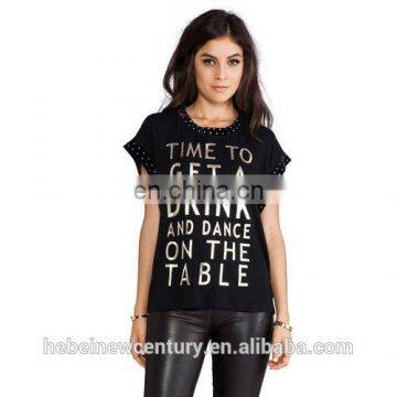 Velvet Edging Highlight Rhinestone Hot Drilling Golden Letters Printed Loose Sleeves Black Female T-Shirt New Fashion Dress