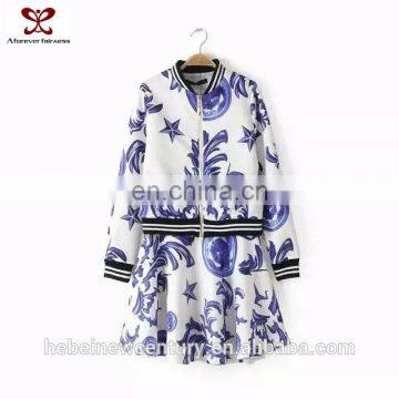 2015 Fashion Dress Autumn Coat Blue and White Porcelain Show Thin Two Pieces Dress Ladies Sportwear
