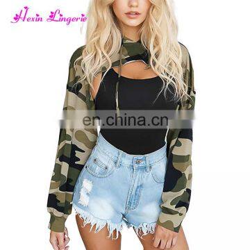 Fast Shipping Camouflage Ultrashort Off Chest Crop Tops Womens Long Sleeve Blouses