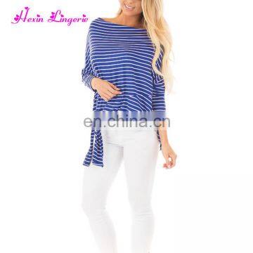Private Label Blue Striped Long Sleeves Tops Tshirt Women Casual Blouse Designs photo-5