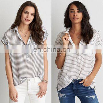 MIKA72103 Clothing Oem Manufacturers Summer Fashion Women Short Sleeves Striped Popover T-shirt