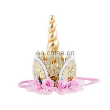 Girl Party Crown Headband Kids Gold Unicorn Hair Ornament with Flower Headwear 6Colors