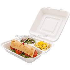 Biodegradable white bagasse Clamshell boxes 23x23x8cm 3-Compartment low moq wholesale price