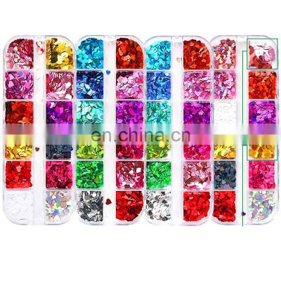 Hot sale 12 Grids Colorful Nail Art Sequins Holographic Glitter Flake Valentine's Day Heart Shape Designs 3D Nail Art Decoration