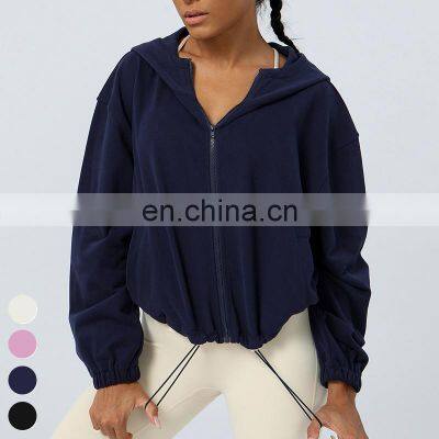 Drawstring Hoody Loose Casual Running Coat Zipper Sports Jackets Long Sleeve Gym Fitness Hooded Wear Yoga Jacket For Women photo-5