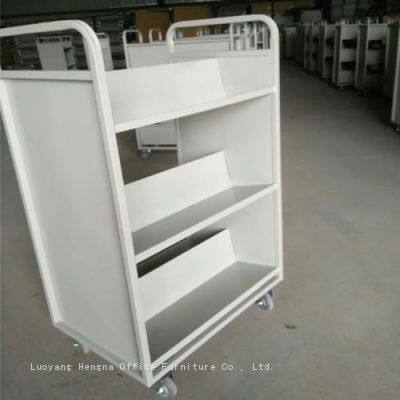 Тележка для книг | Стальная трехярусная с V-образной платформой | Эргономический рукоятка и тихие колеса | Тележка для книг школьной библиотеки