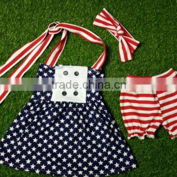 2016 boutique girl clothes 4 July fabric girls outfits kids clothing sets and stripe pants with ruffle