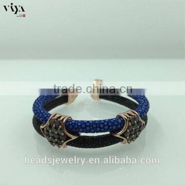 2016 Fashion Silver Plated Black Colors Genuine Leather Bracelet Custom Men Yellow Python Leather photo-5