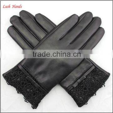 Ladies Sheepskin Leather Hand Gloves With Lace Black photo-6