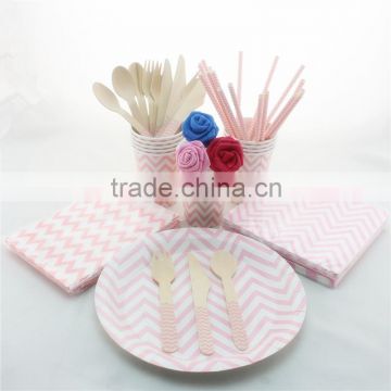 Wedding Decoration Baby Pink Chevron Wooden Cutlery Paper Napkin Paper Cup Party Paper Plate Paper Straws Paper Bag