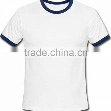 100% Cotton Men's Round Neck Plain White Unisex T-Shirt with Blue Trims