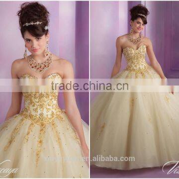 Western style sleeveless Gold Beaded classic victorian Elegant Quinceanera Gowns CYQ-018