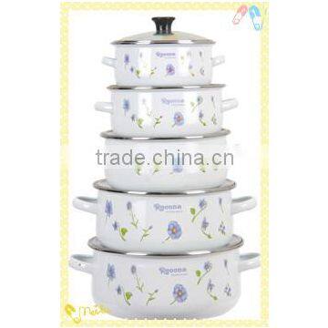 Elegant Light Blue Flower Decal White Enamel Cooking Pot Set 5 Pcs Cast Iron Stew Pot