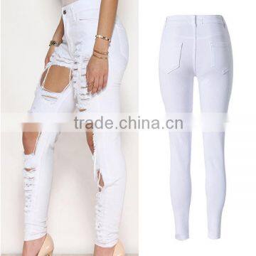 2016 Summer Pockets Zipper Closure Vogue High Waist Denim Pants Ladies White Full Length Destroyed Damaged Fashion Jeans Women photo-2