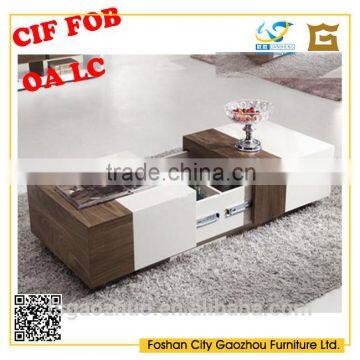 2016 modern design white high glossy with walnut veneered living room extendable coffee table