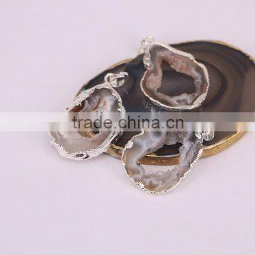 Agate Slice Pendant, Silver / Gold Plated Agate Geode Quartz Gem Stone Pendant For Jewelry Making