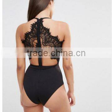 Halter Neck Cut-work Designer Sexy Apparel women Black Scallop lace bodysuit