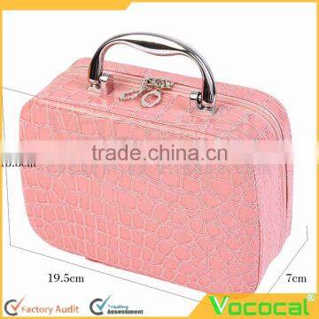 PU Leather Cosmetic Makeup Box Case Toiletry Organizer Storage Handbag With Mirror Crocodile Pattern Pink photo-3