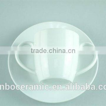 White Porcelain Cup Saucer Double Handles , Stock Cups Chaozhou Factory Sanbo photo-2