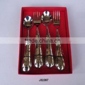 steel cutlery set with glass handle in antique finsih and steel in mirror polish finish