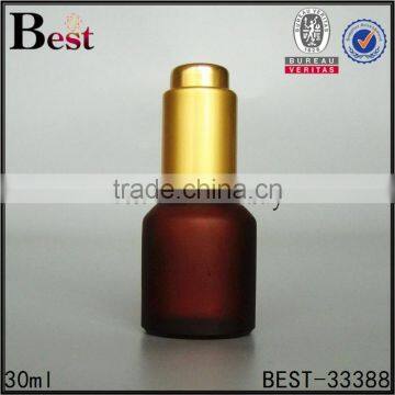 30ml  china dark red frosted glass bottle cosmetic essential oil perfume gold aluminum pump dropper bottle glass