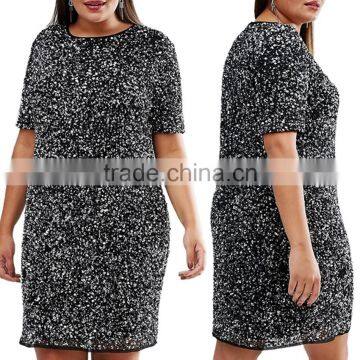 Sequin fat women dress with short slevees plus size dirndl dress plus size dress