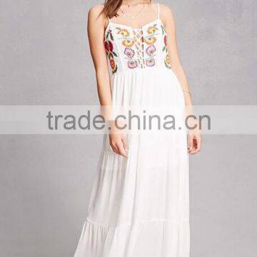 2017 Summer Latest Floral Embroidered Beach Dress Plunging Neckline Boho Maxi Dress HSd9209