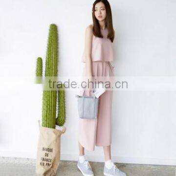 2016 New Fashion Girls Suits 2 Pieces Round Collar Sleeveless Tops+Slim Thin Korean Style Ultra-wide-leg Loose Trousers photo-2