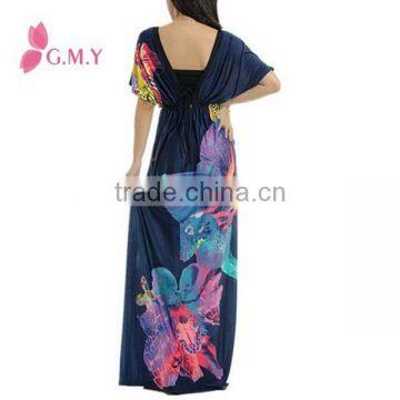 Women V-neck Cap Sleeve Empire Waist Over Sized Maxi Casual Beach Dress photo-3