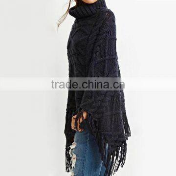 New Design Tasseled Turtle Neck Cable- Knit Pullover Poncho Sweater photo-2