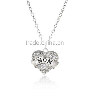 New Fashion Silver Tone " Mom " Carved Heart Pendant Clear Rhinestone Link Cable Chain Necklace