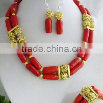 2 Rows Fashion Jewelry!!! Red Coral and Yellow Shell Pearl Beads Jewelry Set photo-3