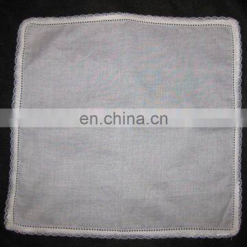 white linen handkerchief with lace edge and dot hemstitch with monogramming