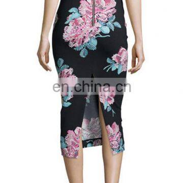 Floral-Print Midi Pencil Skirt, Black/Multi Colors