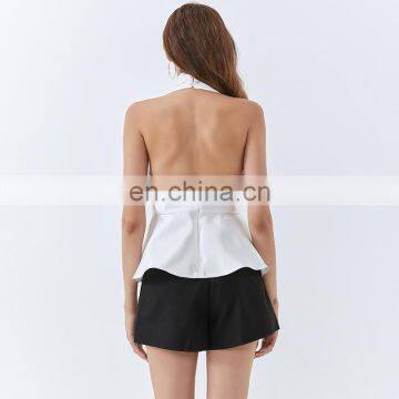 TWOTWINSTYLE Women Shirt Halter Sleeveless Backless Short Blouse Patchwork Bowknot Slim photo-5
