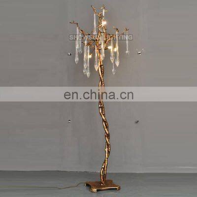 Luxury Water Drop Copper Brass Tree Branches Crystal Floor Standing Lamp