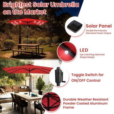 Crank 9FT Solar LED Central Pole Garden Umbrella Eco Polyester Fiberglass Ribs Patio Wholesale photo-3