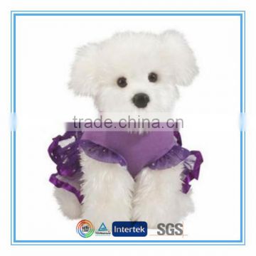 Cute stuffed plush toy animals white dog with removable purple dress