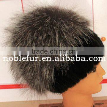 high thickness real rabbit fur with silver fox fur fluffy pompom hat