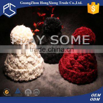 Custom style blank color women puffball crochet knit winter hat