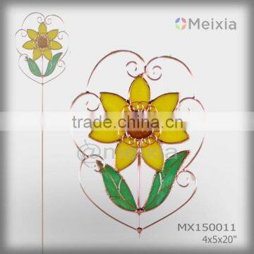 MX150011 wholesale tiffany style stained glass metal stake sunflower garden ornament