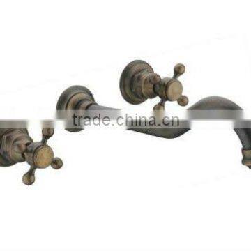 Double Handle 3 Hole Antique Wall-mounted Brass Copper Basin Faucet Tap QH001-22A