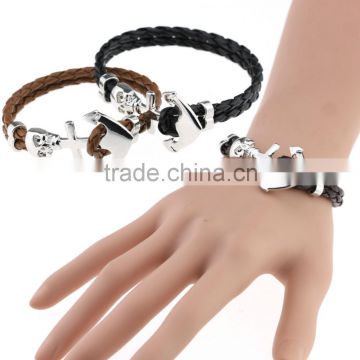 Wholesale weave Leather Cuff Wrap Wristband Bangle Skull Anchor Clasp Bracelet